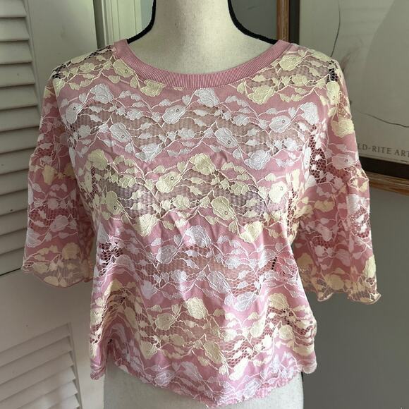 Zara Tops - ZARA Womens Top Pink Lace Cropped Short Sleeve Cottage Feminine Spring SMALL